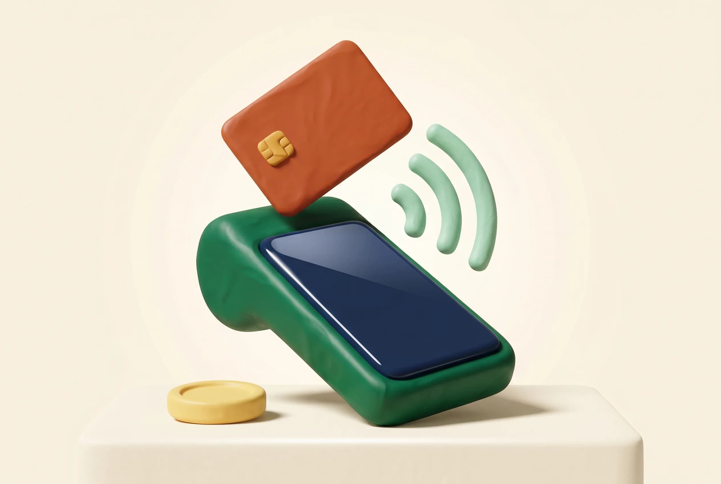 Clay illustration representing the Payments & Digital Wallets category — objects emblematic of UK payments brands.
