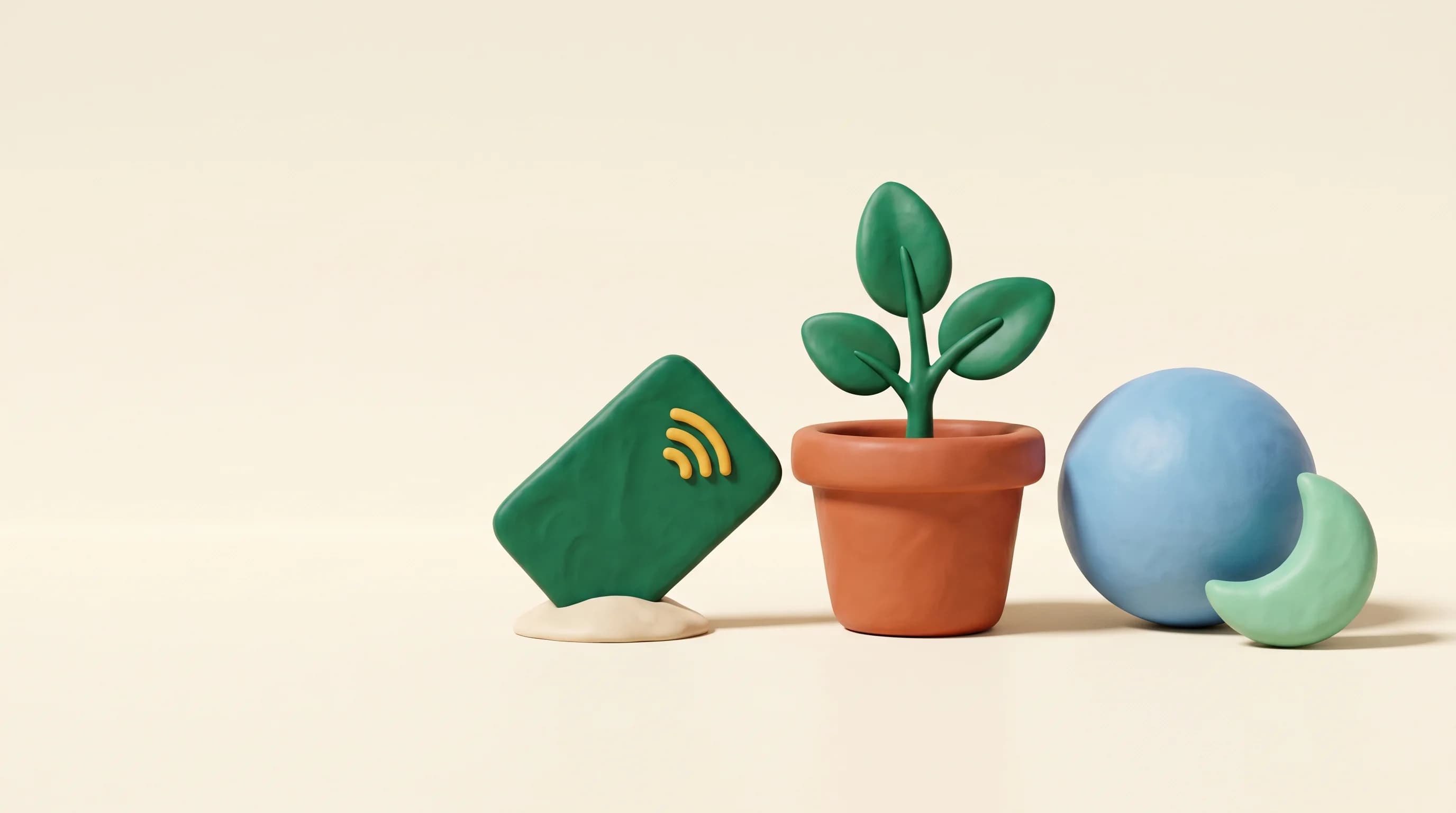 Clay debit card, plant pot and spheres — illustration of HonestCodes' editorial palette