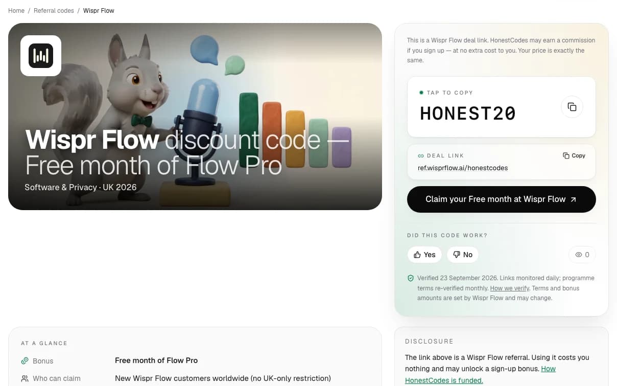 A live HonestCodes brand page: the Wispr Flow offer with its code HONEST20, the deal link, the claim button and the verified date.