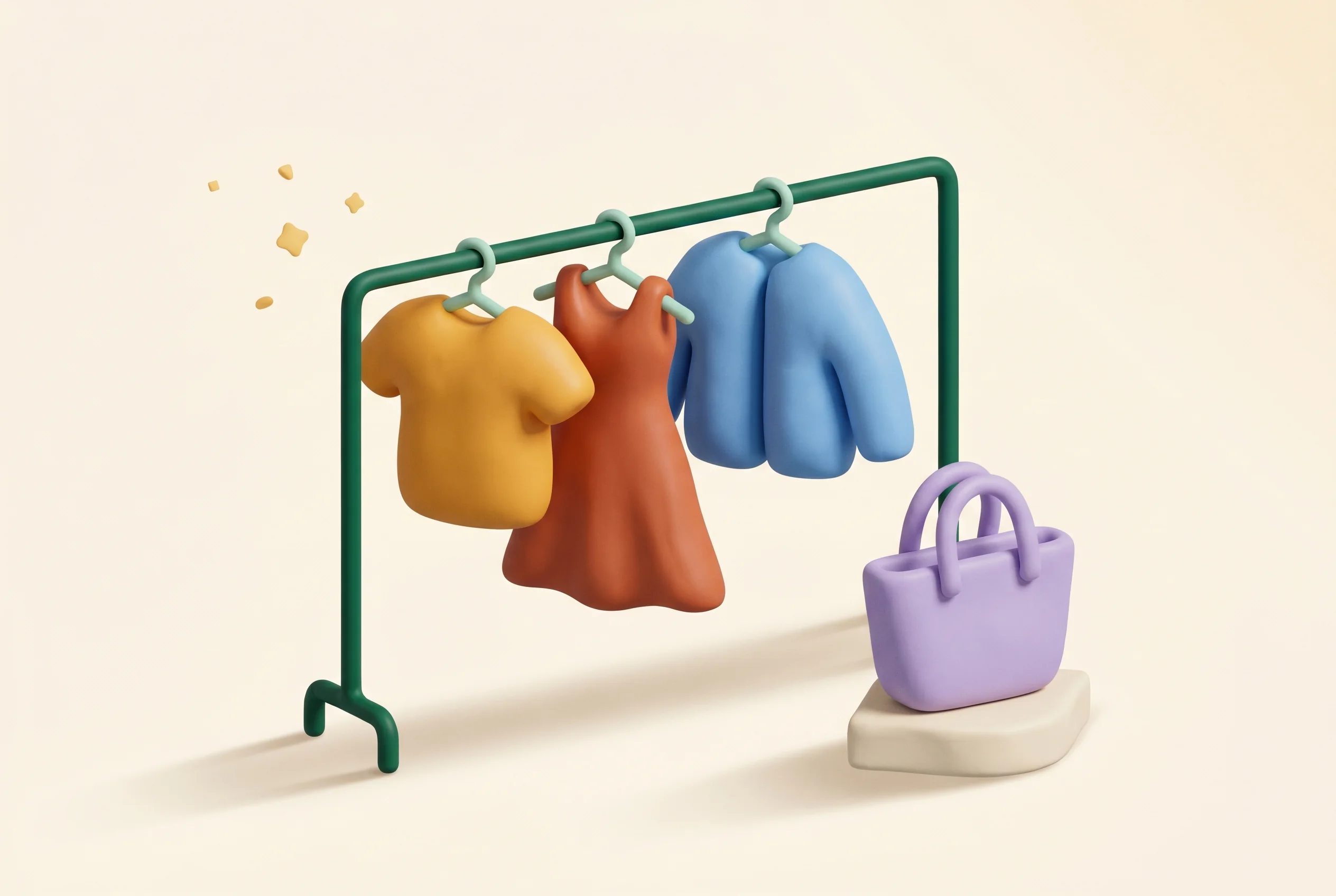 Clay illustration representing the Shopping & Fashion category — objects emblematic of UK shopping brands.