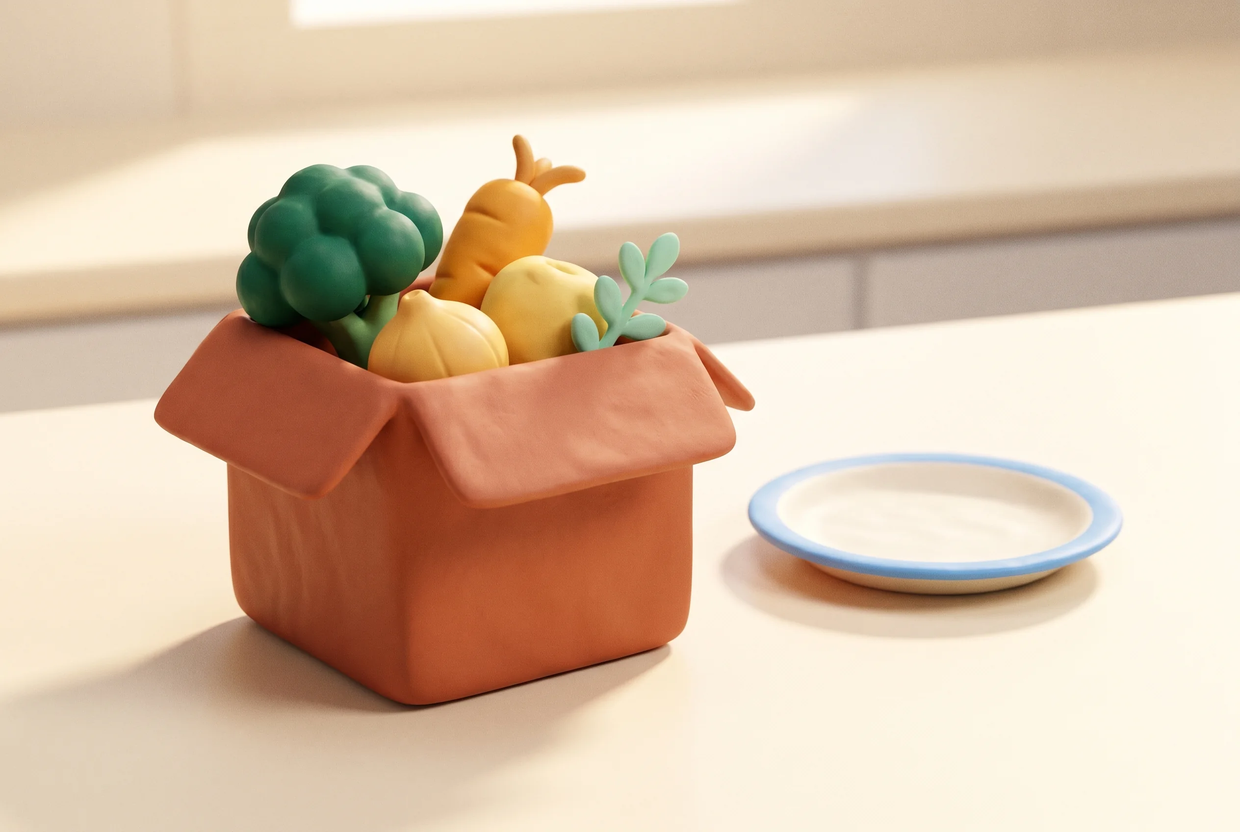 Clay illustration representing the Food & Recipe Boxes category — objects emblematic of UK food brands.