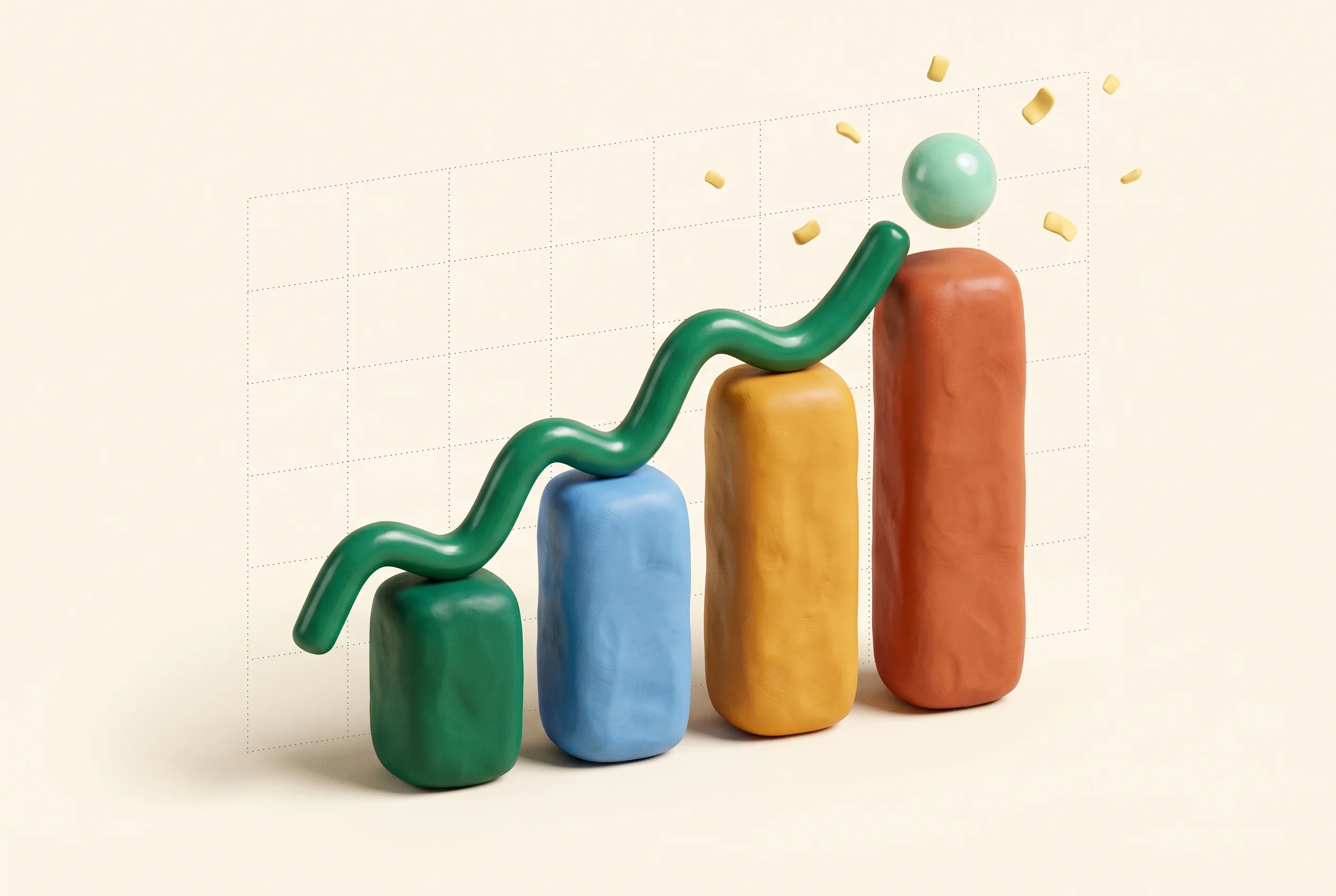 Clay illustration representing the Investing & Trading category — objects emblematic of UK investing brands.