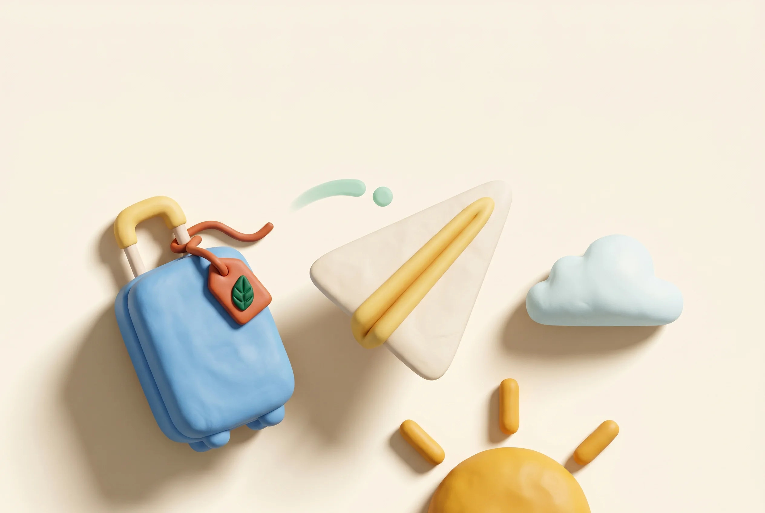 Clay illustration representing the Travel & Booking category — objects emblematic of UK travel brands.