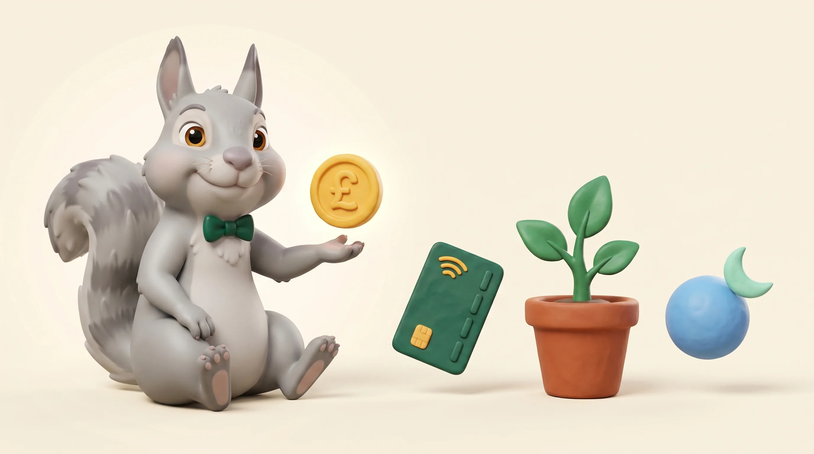 Clay illustration of Hugo the squirrel offering a coin to the viewer, with brand category objects arrayed beside him