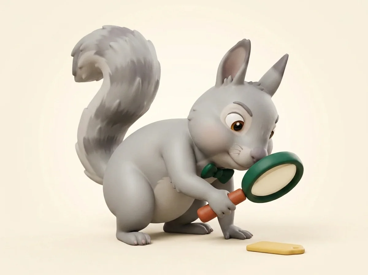 Clay illustration of Hugo the squirrel examining a coupon tag through a magnifying glass.