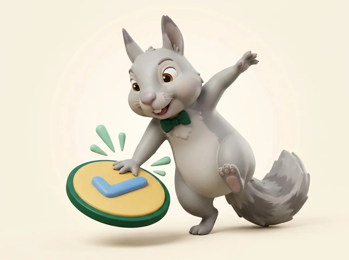 Clay illustration of Hugo the squirrel tapping a code chip, with copy-sparks bursting from the tap.