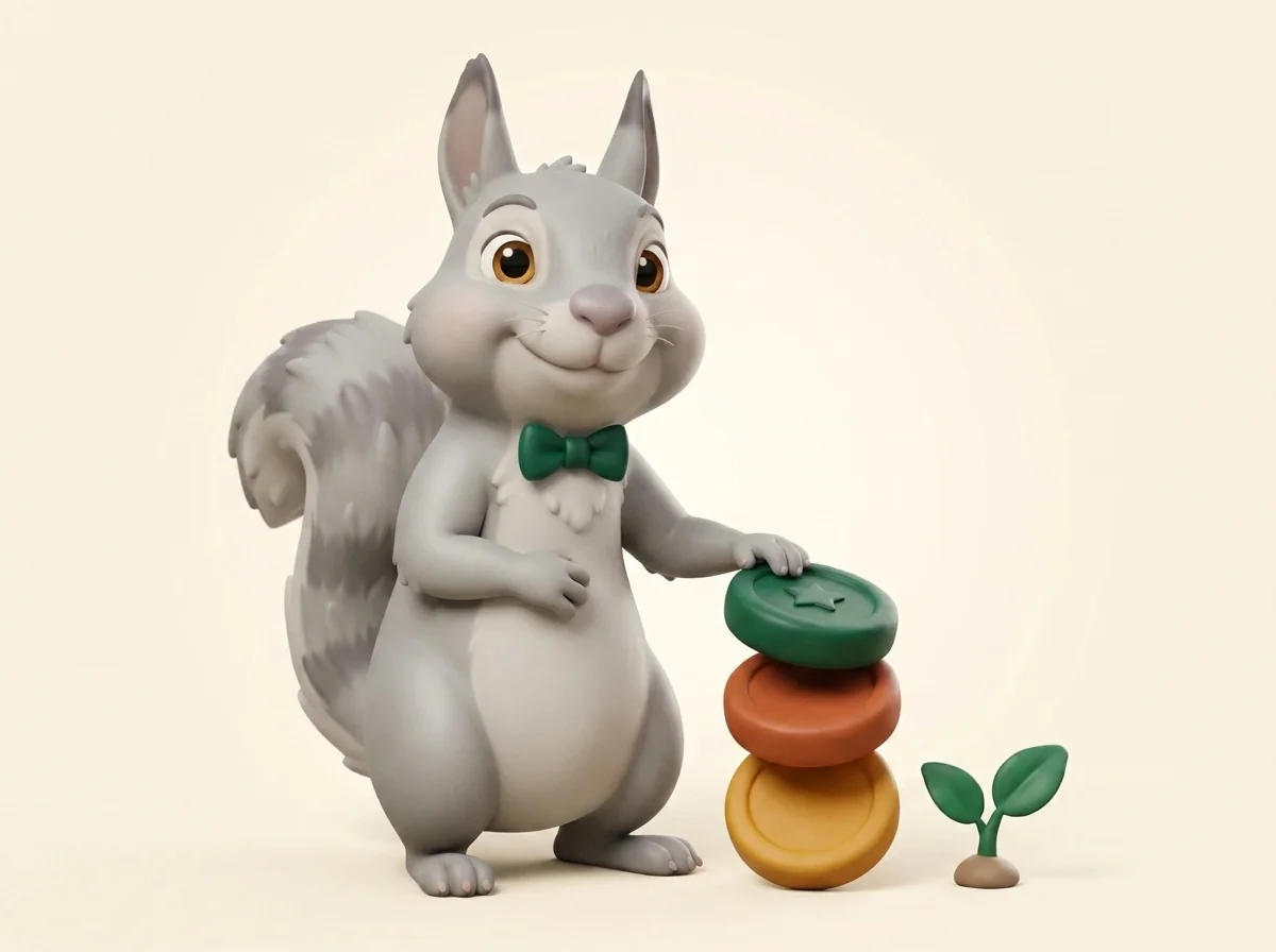 Clay illustration of Hugo the squirrel resting a paw on a stack of coin-pebbles beside a small sapling.