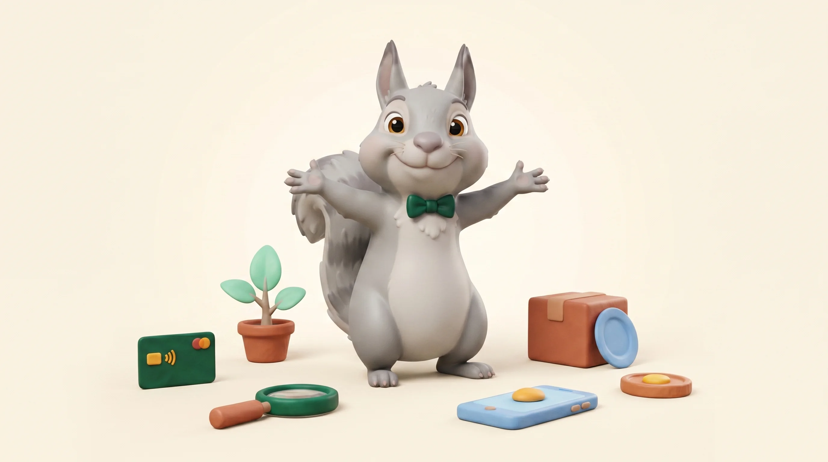 Clay illustration of Hugo the squirrel welcoming the viewer with both paws raised, surrounded by small objects representing each category of UK referral code on HonestCodes.