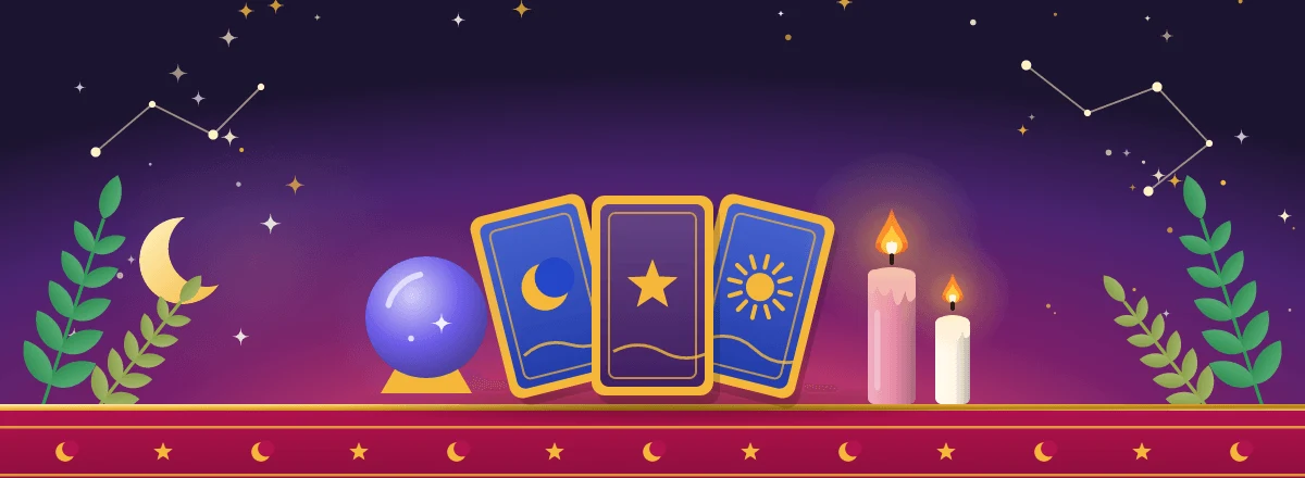 Holistic Tree illustration: a night-sky altar with tarot cards, a crystal ball, candles and a crescent moon.