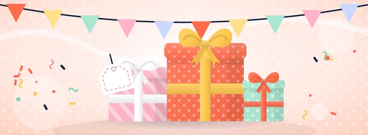 Next Day Gifts illustration: wrapped presents with bows, a gift tag and bunting.