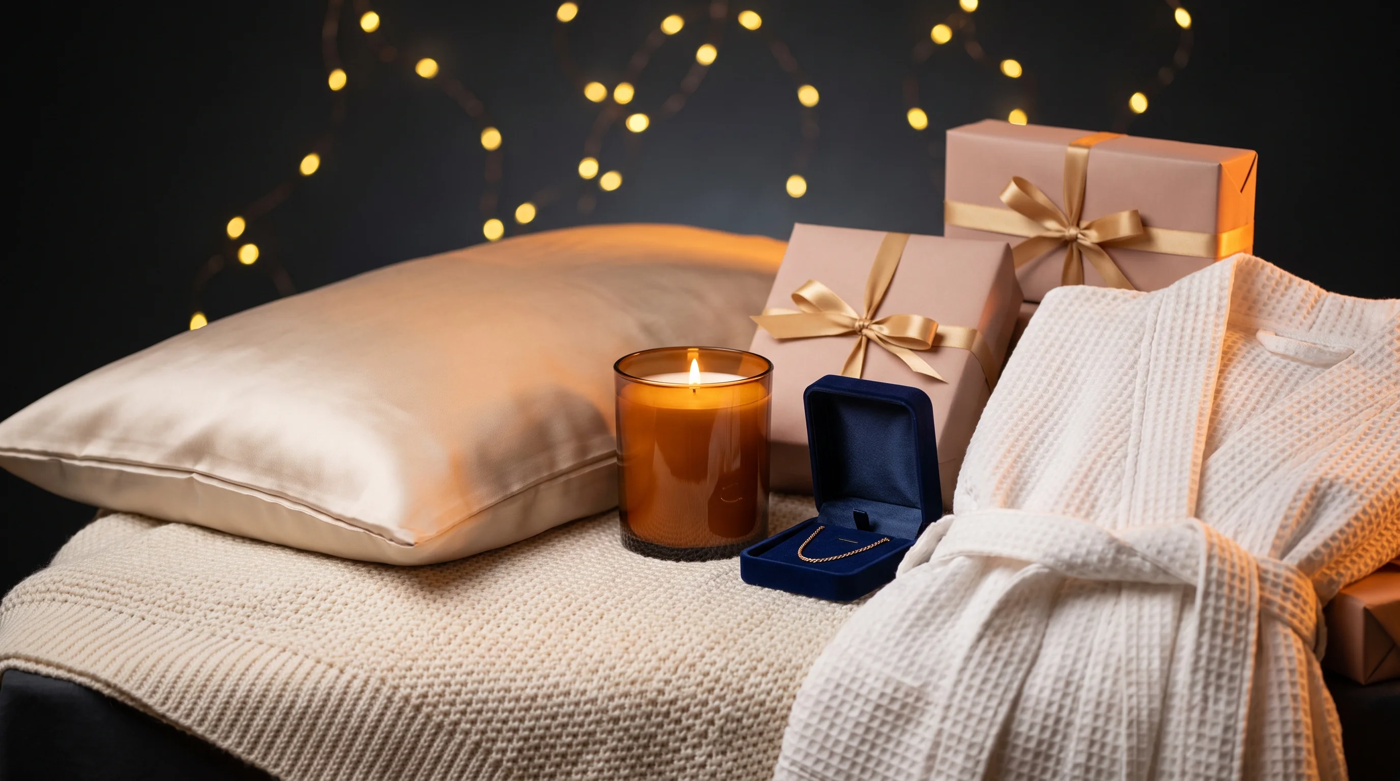 A silk pillowcase, a candle, a gold necklace in a velvet box and a dressing gown on a knitted throw
