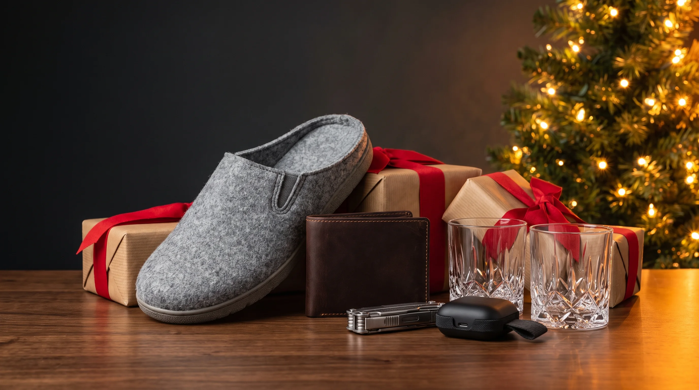 Slippers, a leather wallet, whisky glasses, a multi-tool and earbuds by a Christmas tree