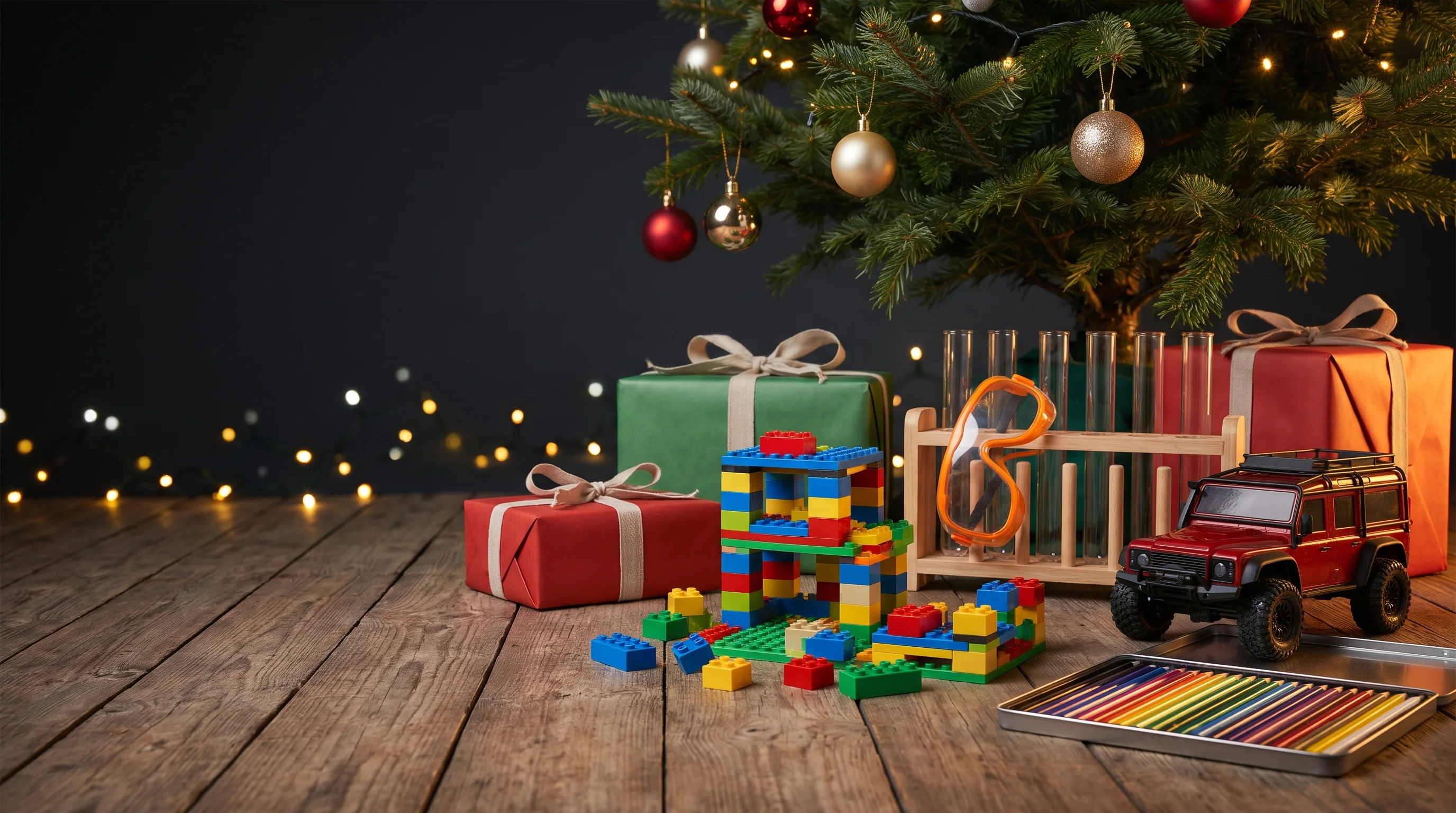 A building-brick model, a science kit, a remote-control car and pencils under a Christmas tree