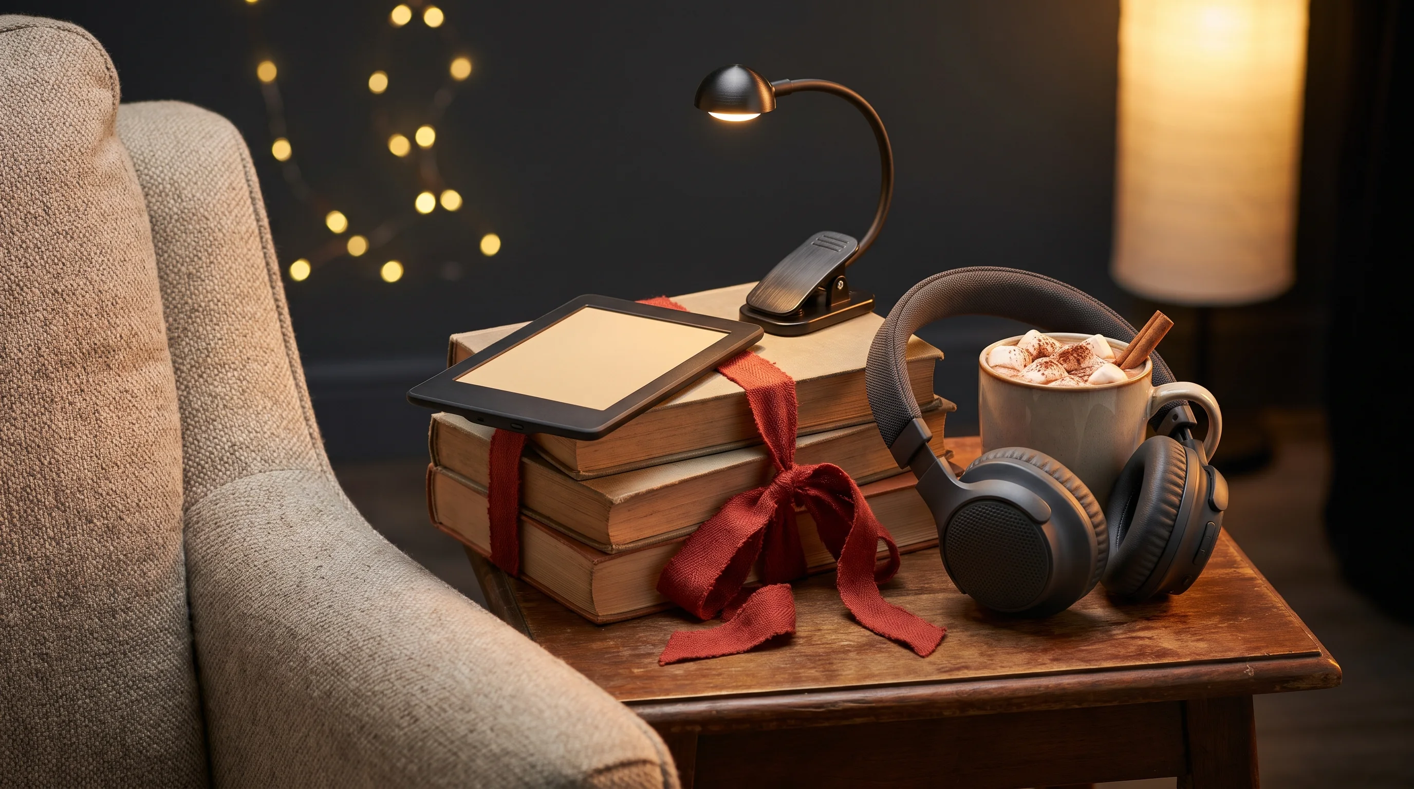 An e-reader, books tied with ribbon, a book light and headphones in a cosy armchair corner