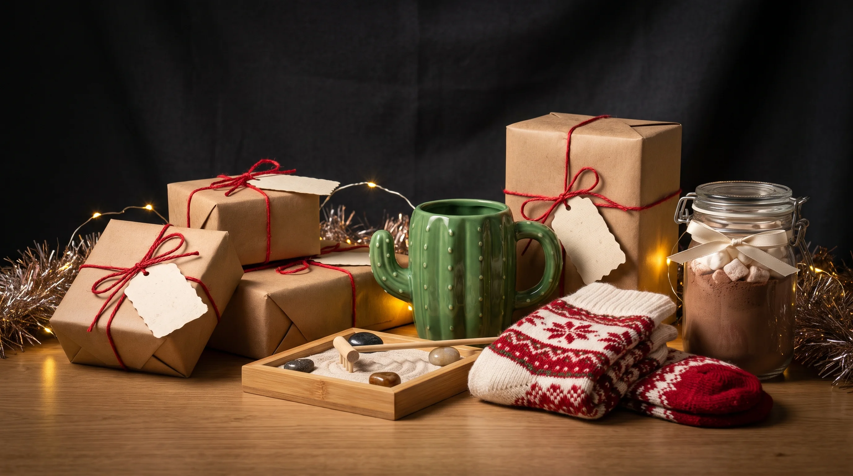 Small wrapped gifts, a cactus mug, a mini zen garden and Christmas socks on an office desk