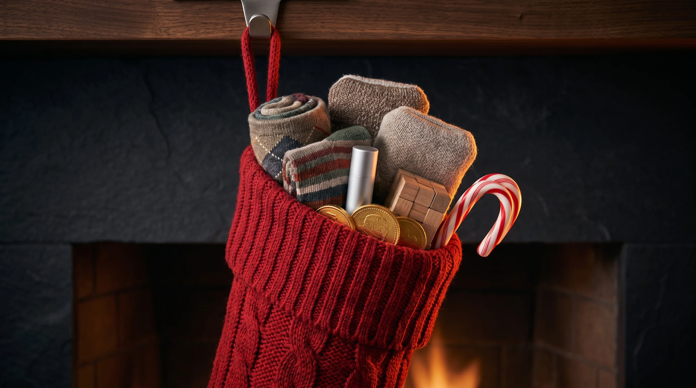 A red knitted stocking full of socks, hand warmers, lip balm and chocolate coins