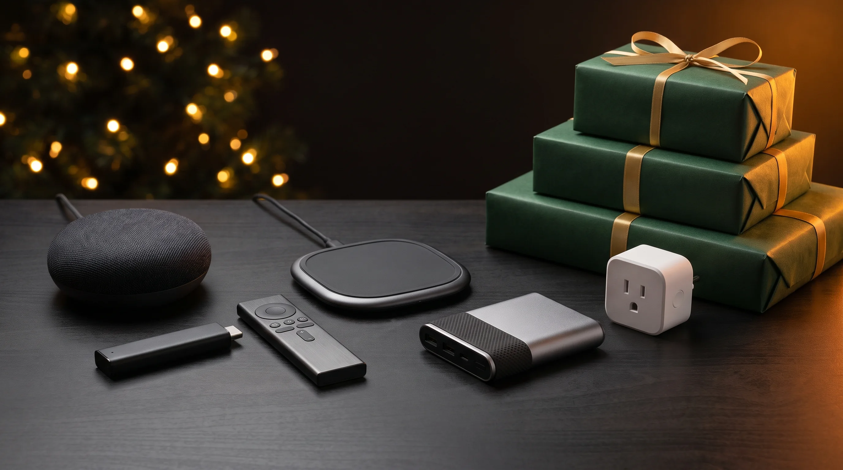 A smart speaker, a streaming stick, a wireless charger and a power bank on a desk with Christmas lights