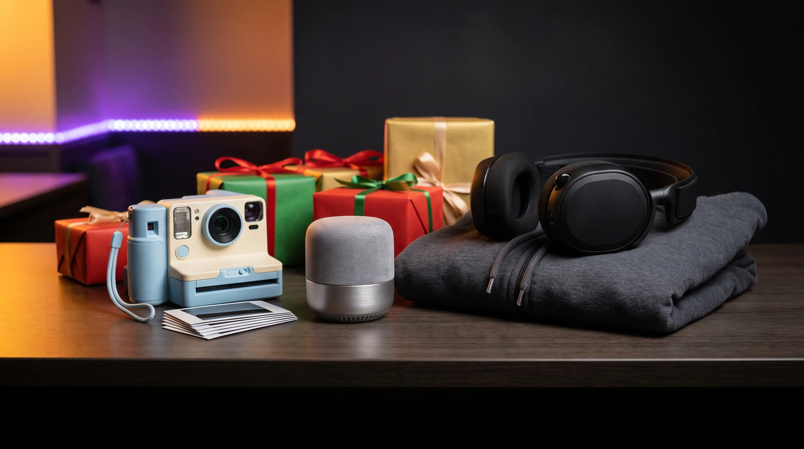 An instant camera, a speaker, a gaming headset and a hoodie on a desk lit by LED strip lights