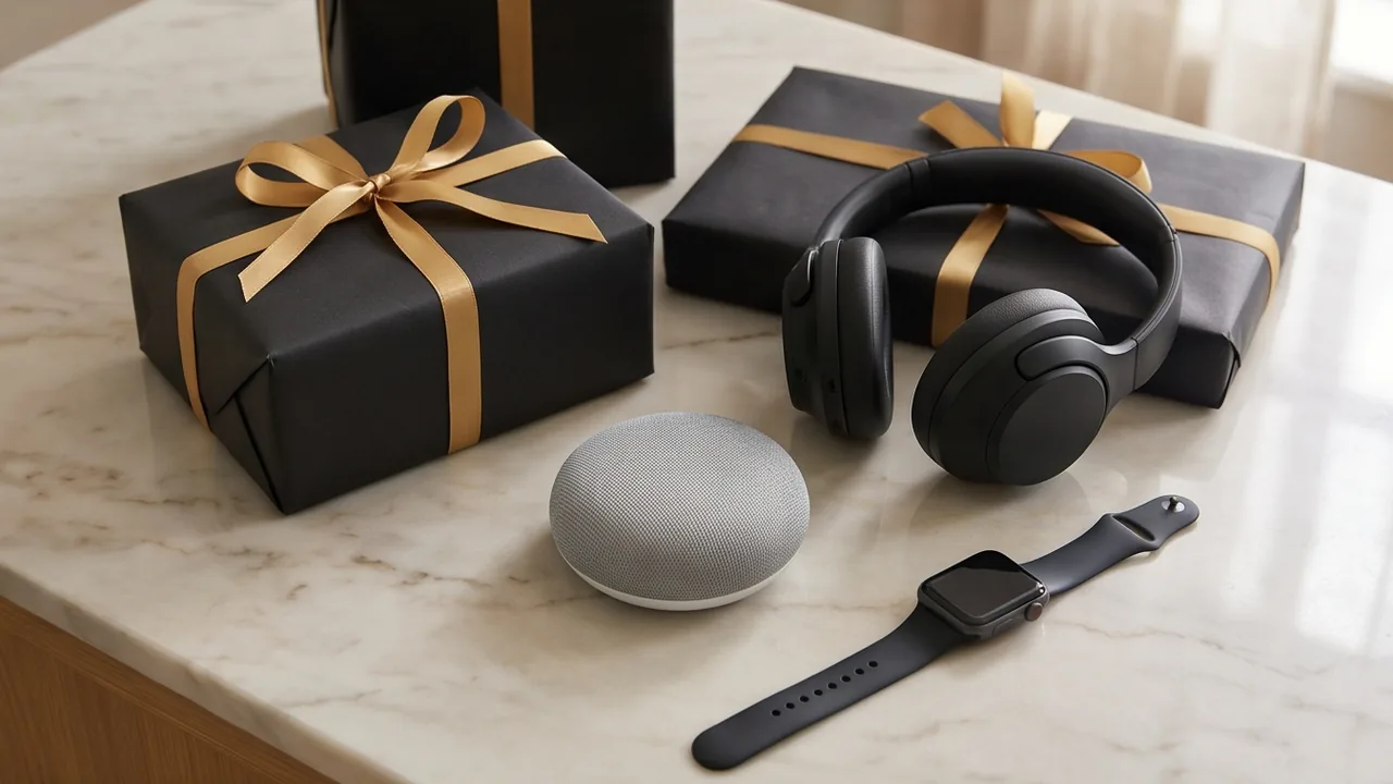 Dark wrapped gifts with gold ribbon beside headphones, a smart speaker and a watch