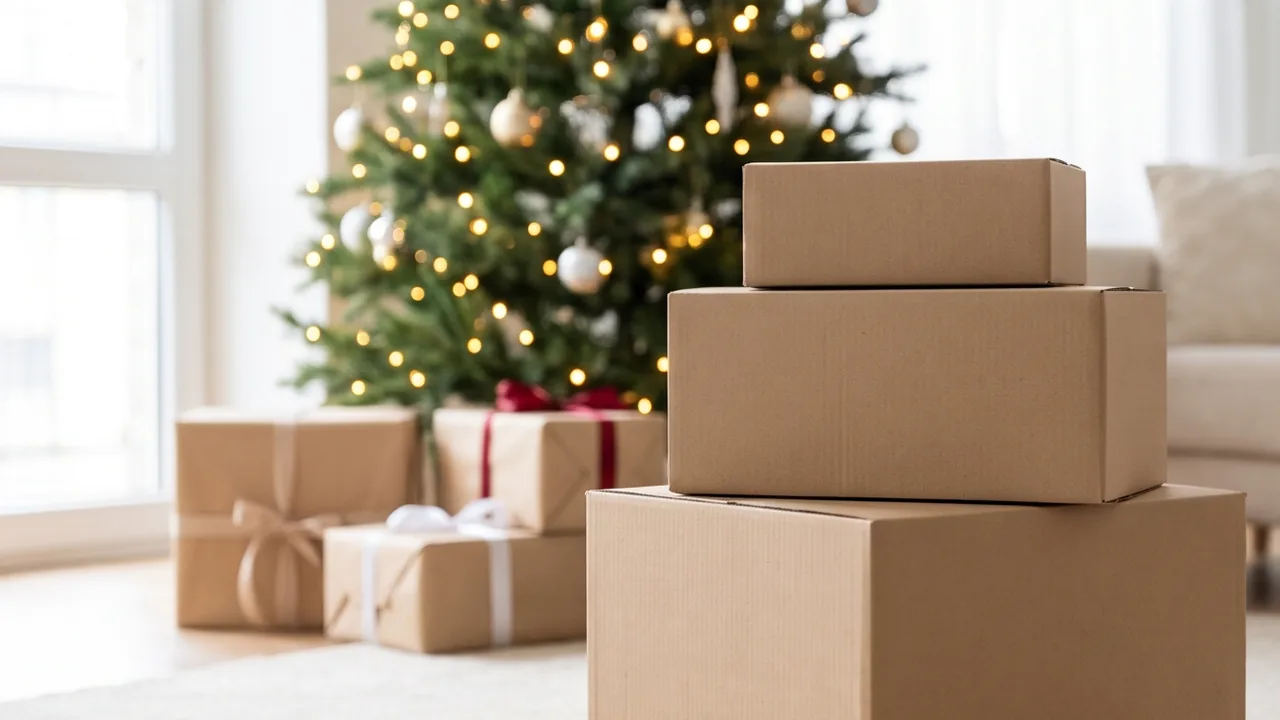 Stacked brown parcels by a Christmas tree