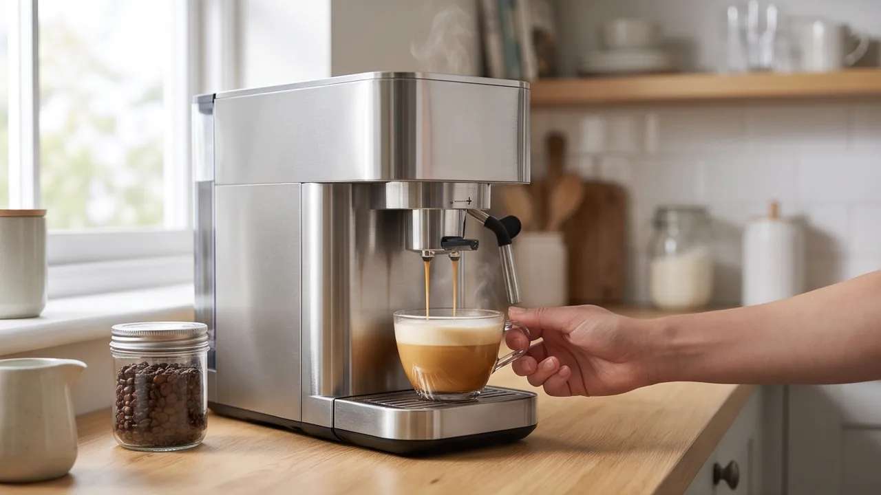 A coffee machine pouring a fresh cup in a bright kitchen
