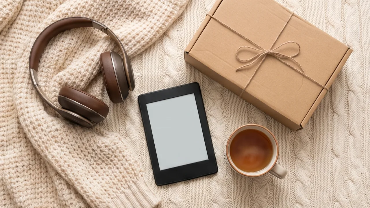 Headphones, an e-reader and a cup of tea on a knitted blanket