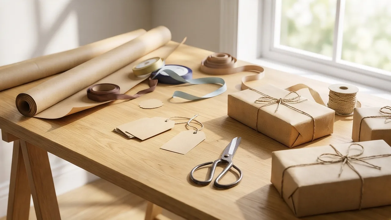 Kraft paper, ribbon, tags and wrapped gifts on a wooden table