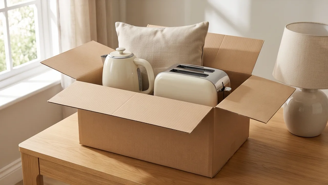 Open boxes of like-new homeware: kettle, toaster and cushions