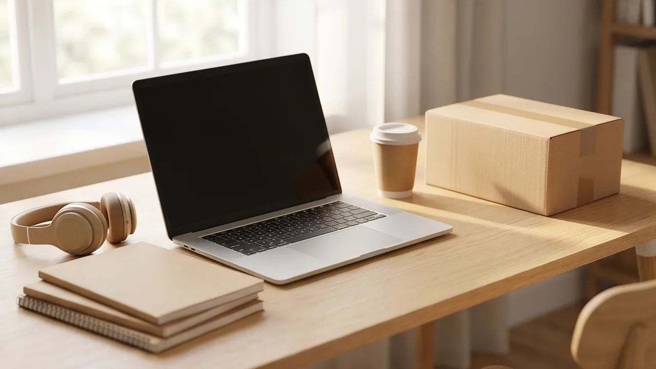 A student desk with a laptop, notebooks and a delivery parcel