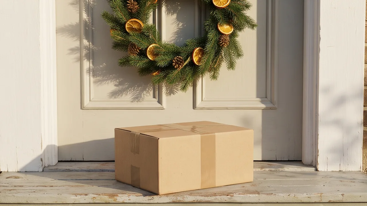 A delivery parcel on a doorstep by a front door with a wreath
