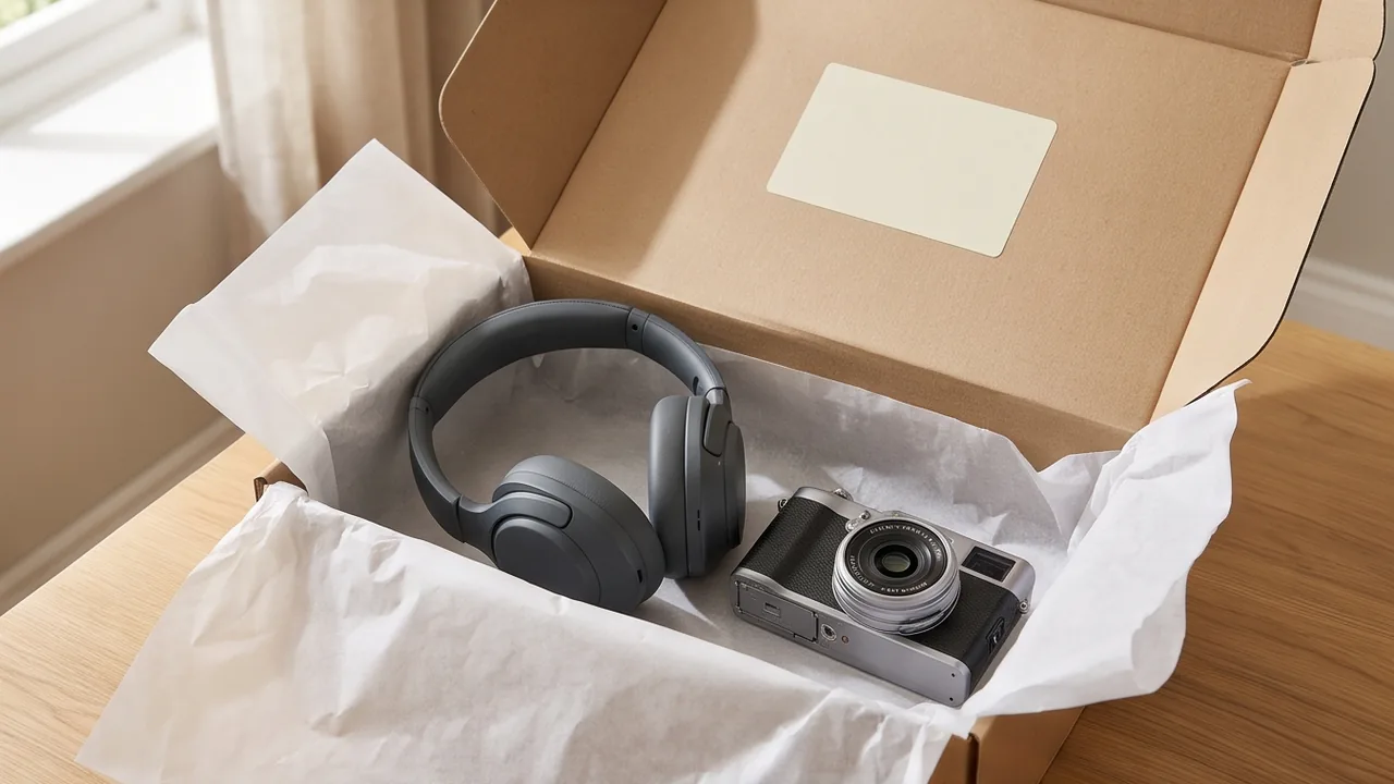 An open box of like-new headphones and a camera