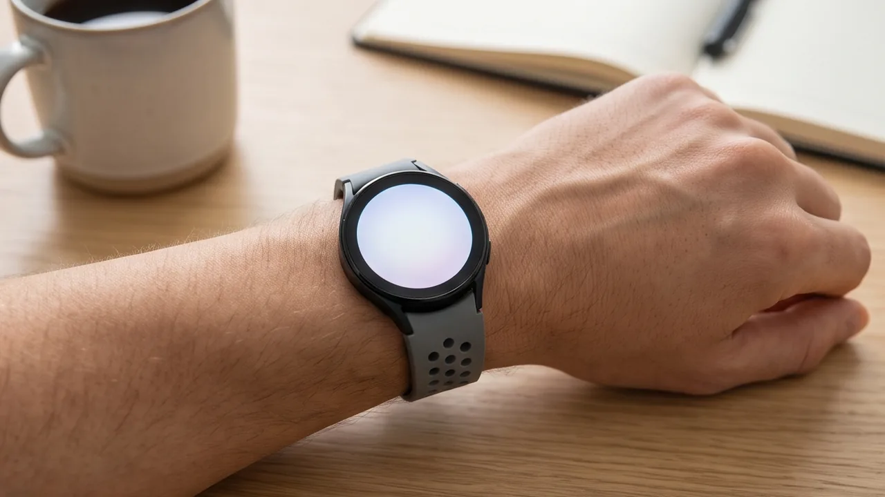 A smartwatch on a wrist beside a coffee mug