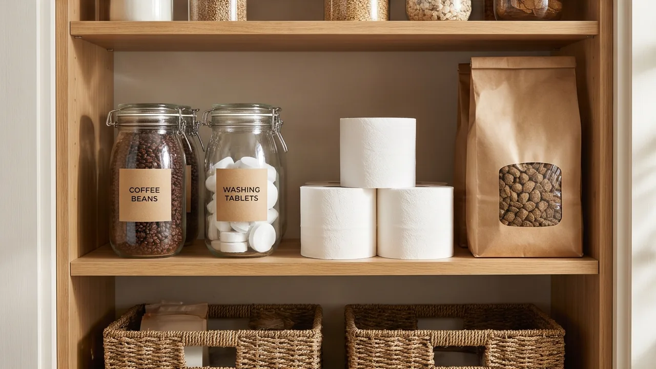 A pantry shelf stocked with everyday essentials