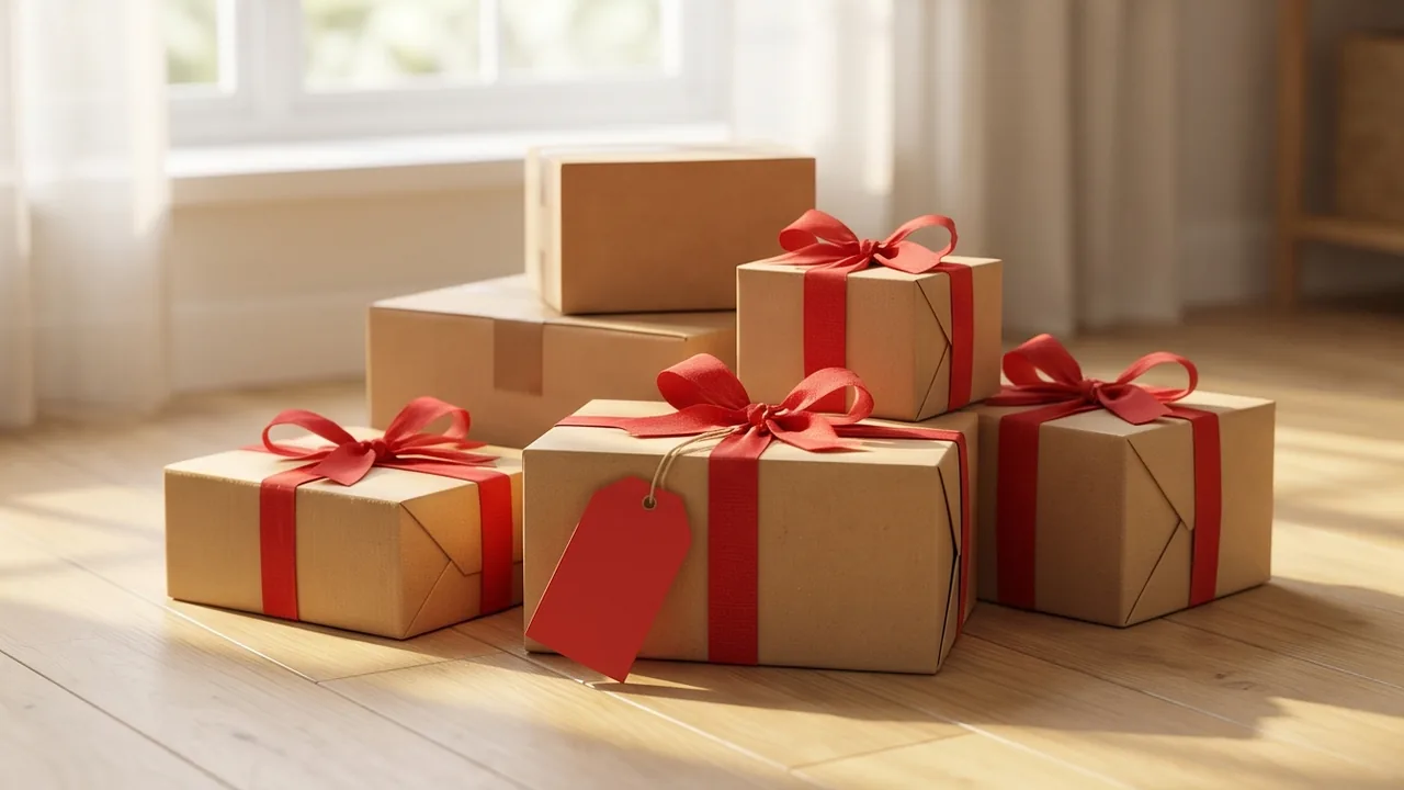 A pile of parcels and wrapped gifts with a red tag