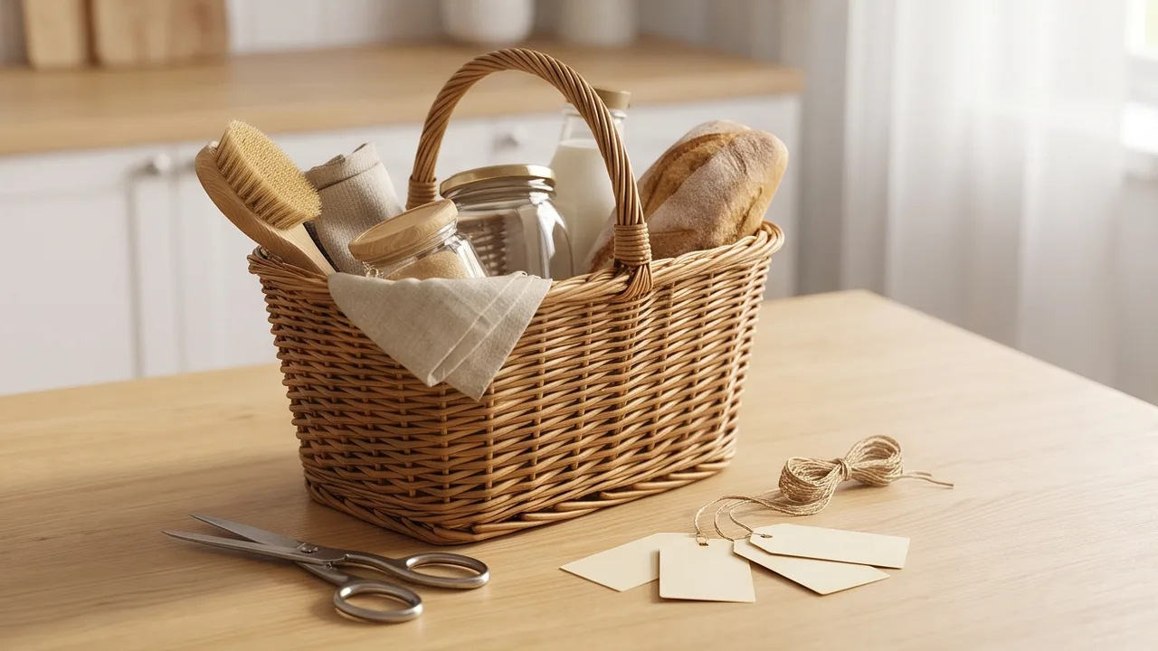 A shopping basket of household essentials with blank paper tags