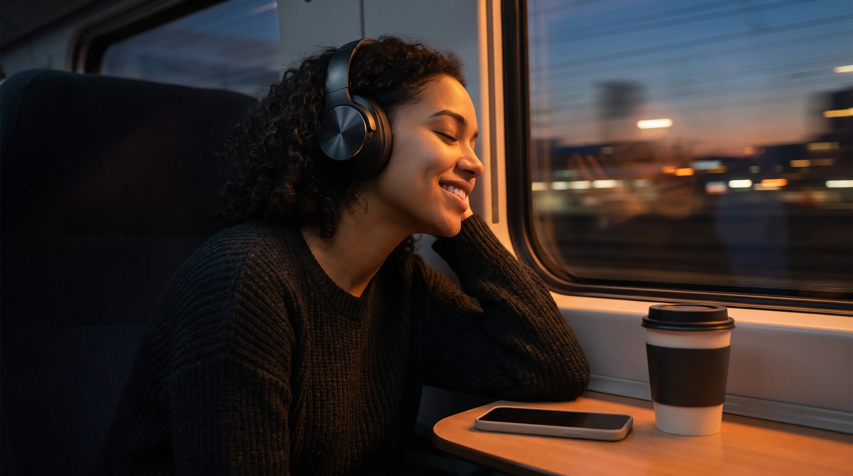 A woman listening to an audiobook on headphones on a train at dusk
