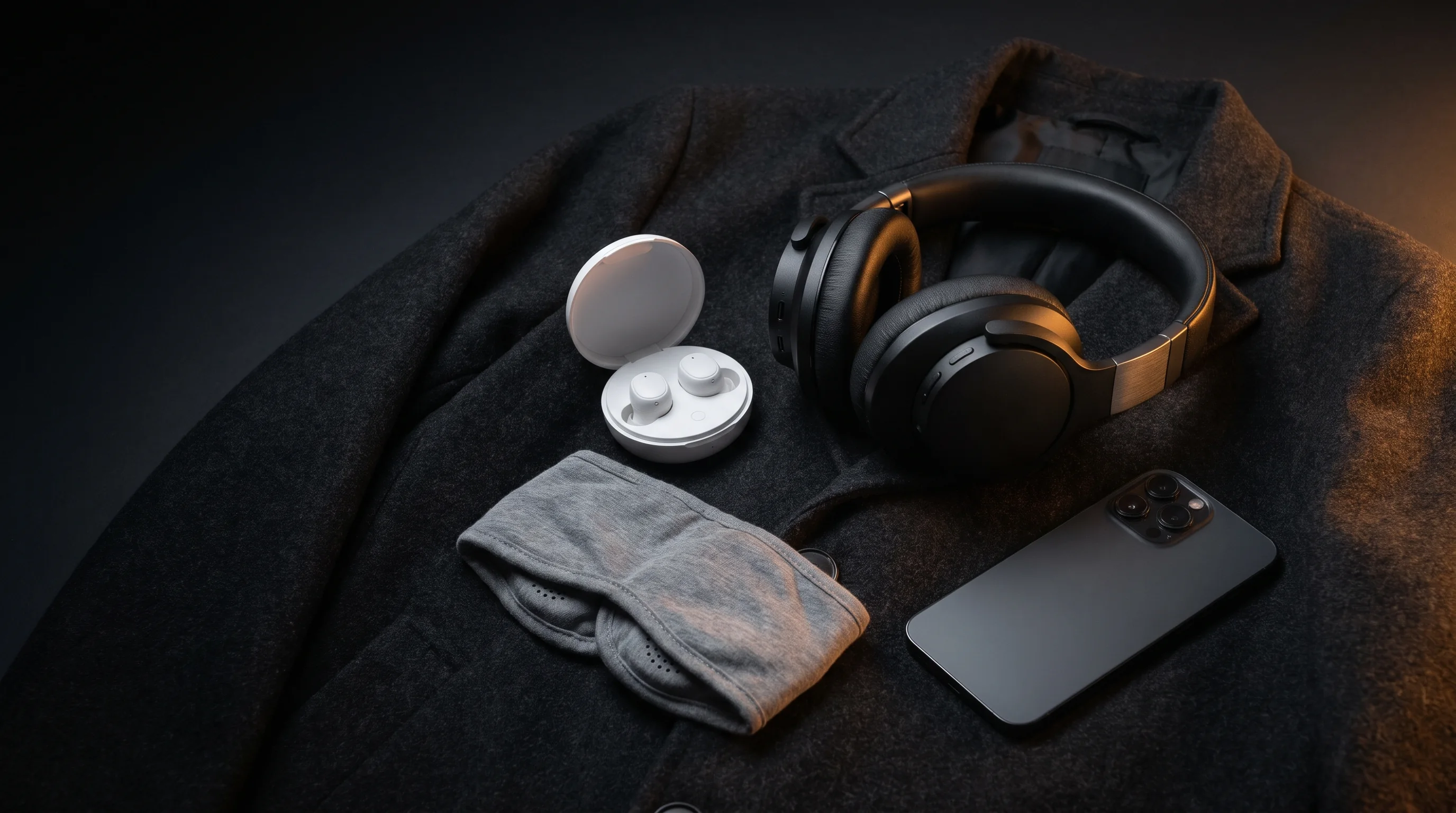 Noise-cancelling headphones, wireless earbuds and a sleep headband on a dark coat