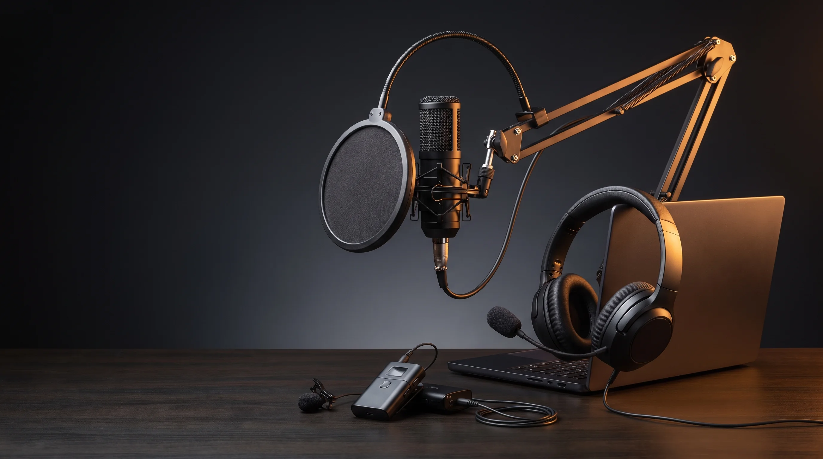 A USB microphone on a boom arm, a headset and a clip-on microphone on a desk
