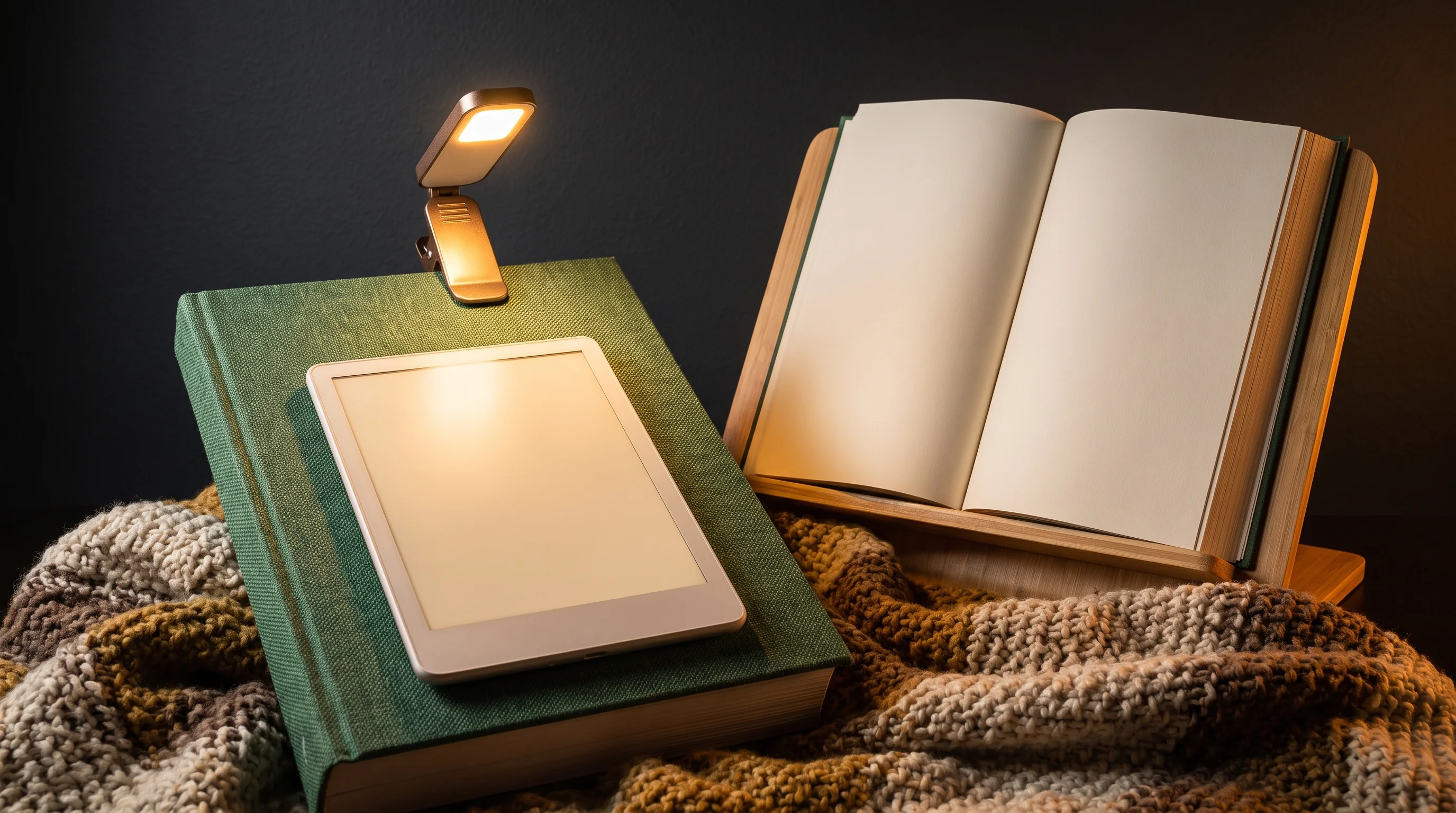 An e-reader on an open book with a clip-on book light in a cosy reading nook
