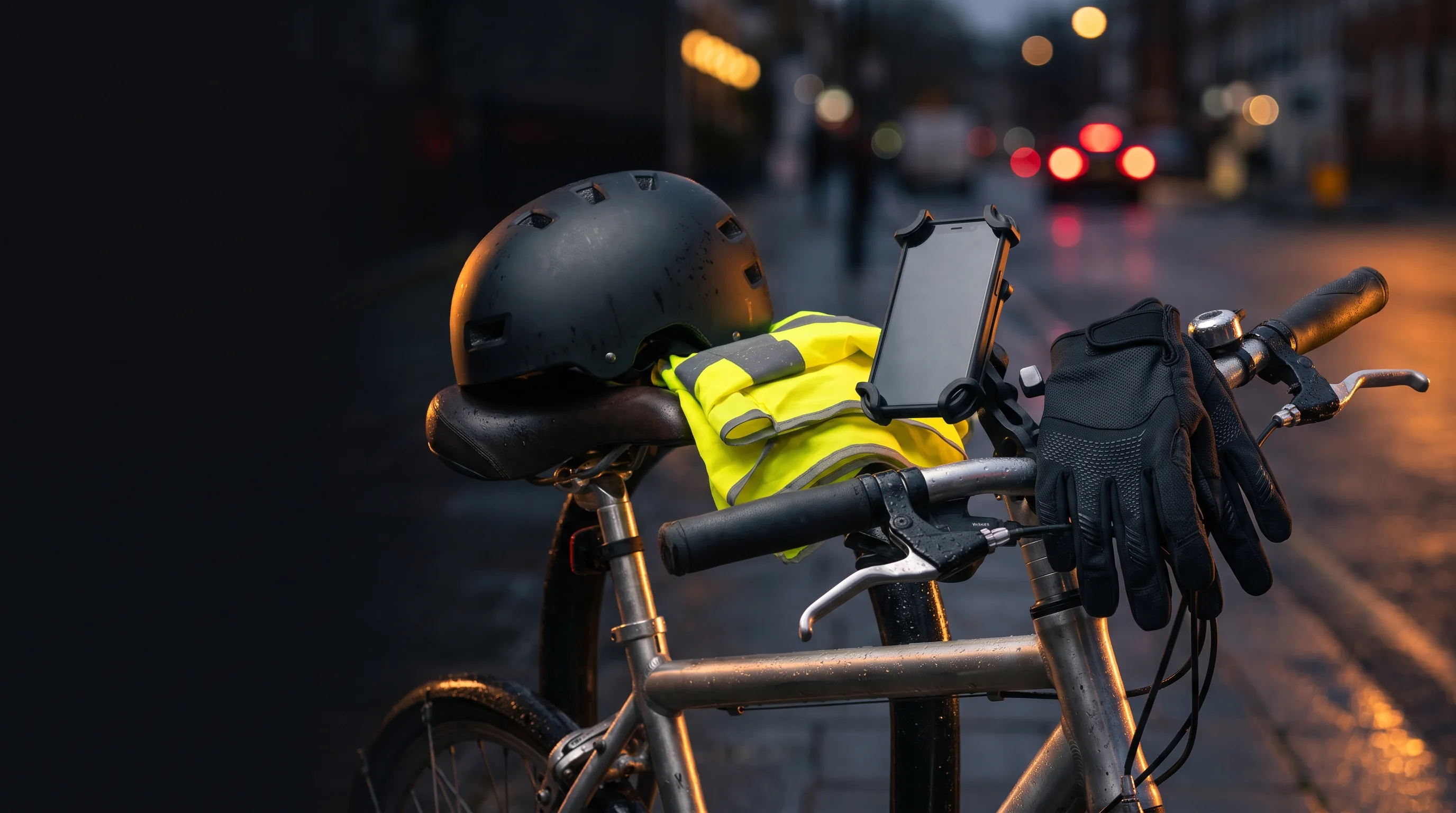 A helmet, phone mount, cycling gloves and hi-vis vest on a city bike on a wet London street at dusk