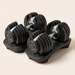 A pair of adjustable dumbbells in their trays