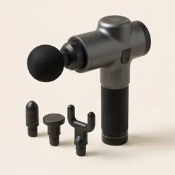 A percussion massage gun with spare heads