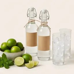 A mocktail kit with syrups, limes, mint and glasses