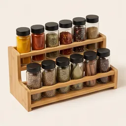 A bamboo spice rack of glass jars