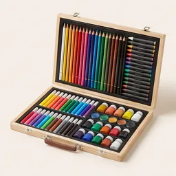 An open wooden art set of pencils, pens and paints