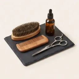A beard grooming kit with comb, brush, oil and scissors