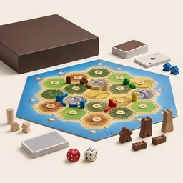 A board game set out with tiles, wooden pieces and cards