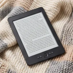 A slim e-reader showing a page of text