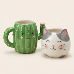 Novelty cactus and cat-face mugs