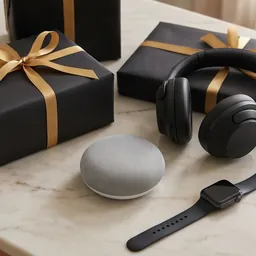 Black-wrapped gifts with headphones, a smart speaker and a smartwatch